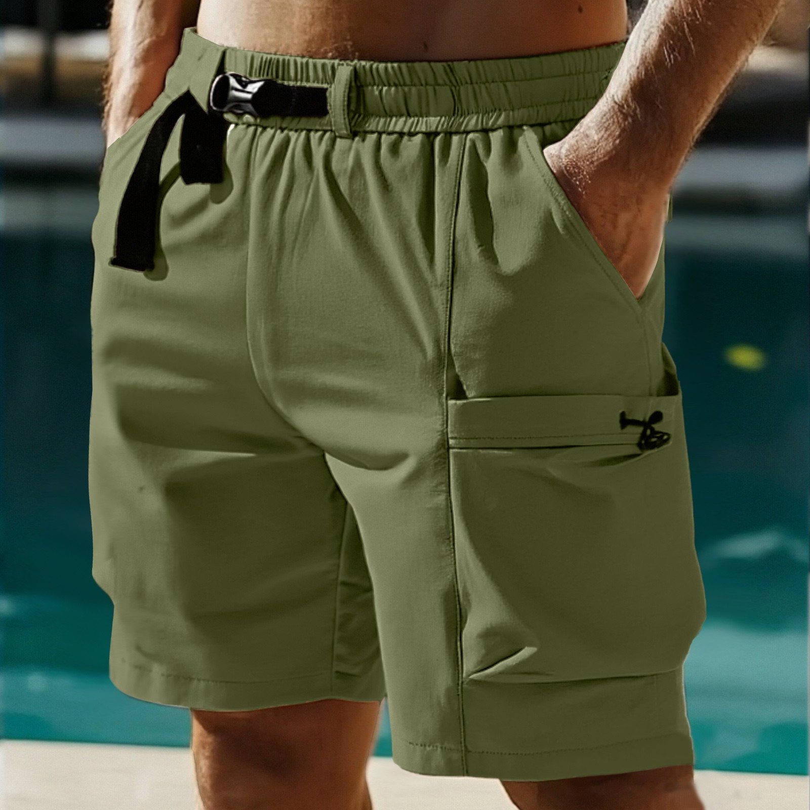 thumbnail image 2 of Pantalones cortos deportivos de secado rápido para hombre - Color liso transpirable - Poliéster, cintura elástica, tallas M-XXXXL, 2 of 5